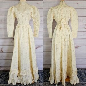 Gunne Sax 1970s Romantic Renaissance Bridal Wedding Dress in Yellow Sz M/L